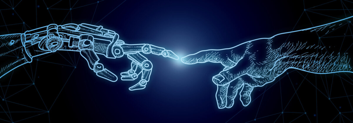 Creation of Adam, Michelangelos Theme in context of AI artificial intelligence and Robotics, humans and robots connected, vector graphic, Sci Fi Art